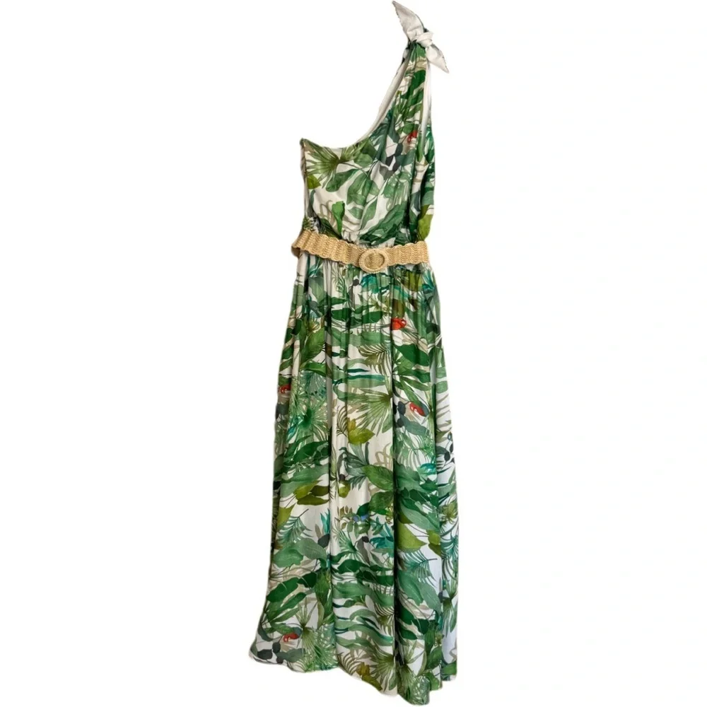 Antonio Melani LINEN Blend Selene Tropical Print One Shoulder Belted Dress Sz 12 - Picture 1 of 16